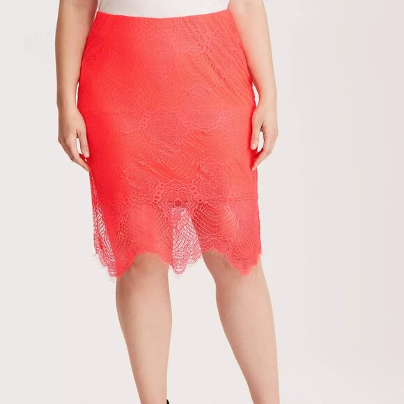 Torrid Neon Coral Women's Stretch Lace Overlay Pencil Skirt Size 1 - Picture 1 of 11